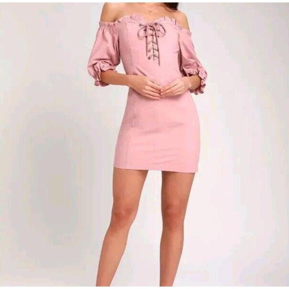 Lulu's See Ya Later Dress Large Pink Off Shoulder Lace‎ Front Large